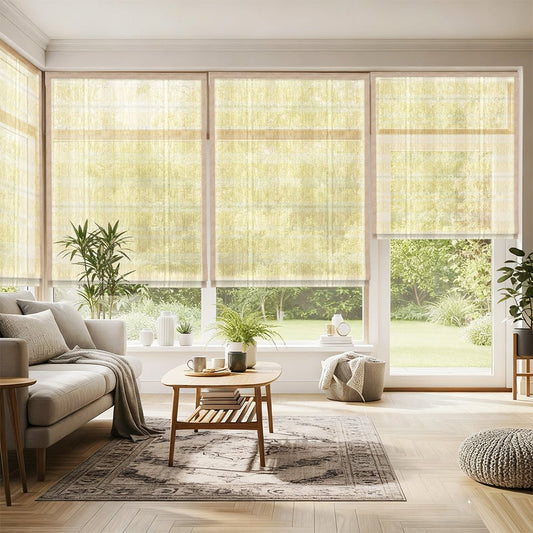 Motorized woven wood shades in bright living room with beige sofa, wooden coffee table, pouf, potted plants, and large windows overlooking green backyard.