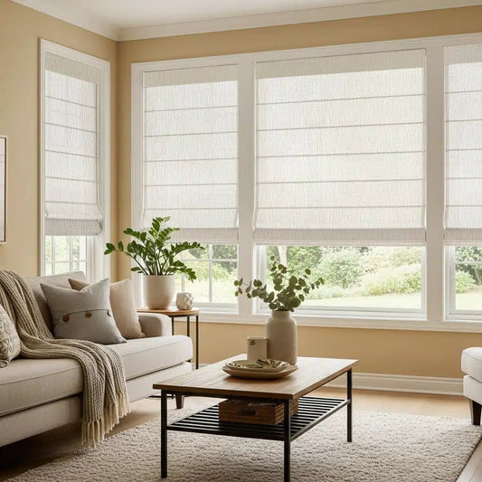 Motorized Roman shades in bright living room with beige sofas, wooden coffee table, indoor plants, and large windows overlooking green garden.