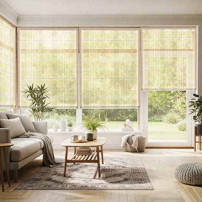 Motorized woven wood shades in bright living room with beige sofa, wooden coffee table, pouf, potted plants, and large windows overlooking green backyard.