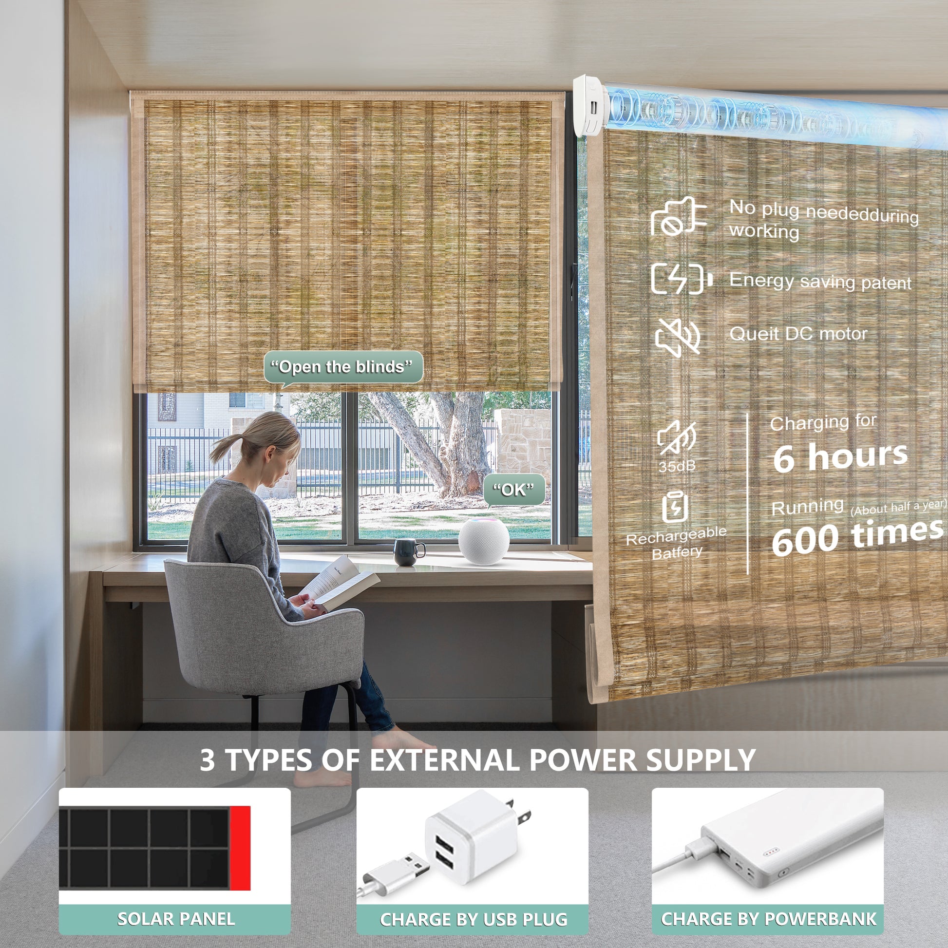 Aprilsmart Motorized Woven Wood Shades 70% Blackout Bareloom