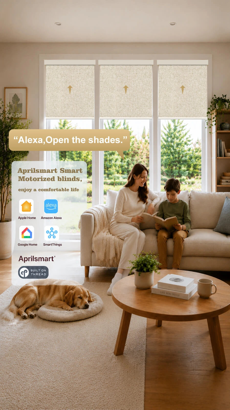 Mother and child reading on a beige sofa in a bright living room with AprilSmart motorized blinds, smart home control via Alexa, Google Home, Apple Home, and SmartThings, natural light, cozy interior, and a golden retriever resting on a dog bed.
