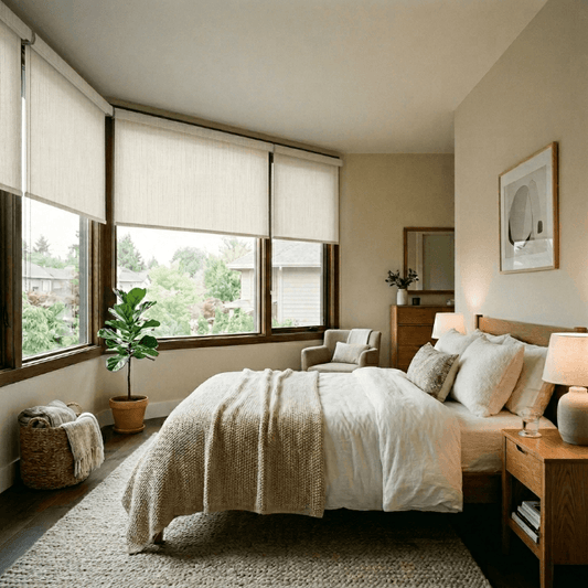 Motorized roller shades in a modern bedroom with cozy bed, bedside tables, and indoor plants