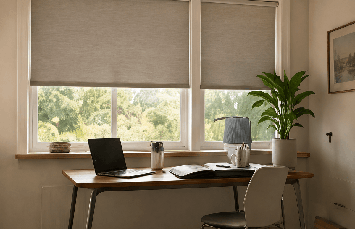 Motorized blackout shades for a modern home office