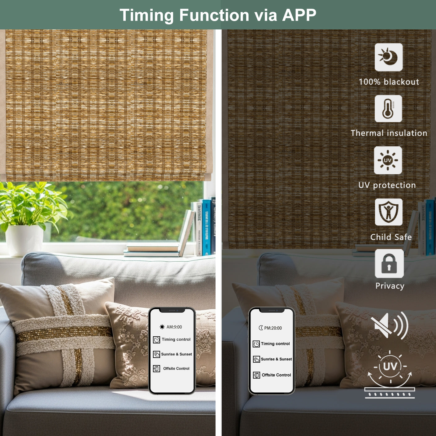 Aprilsmart Motorized Woven Wood Shades 100% Blackout Bareloom