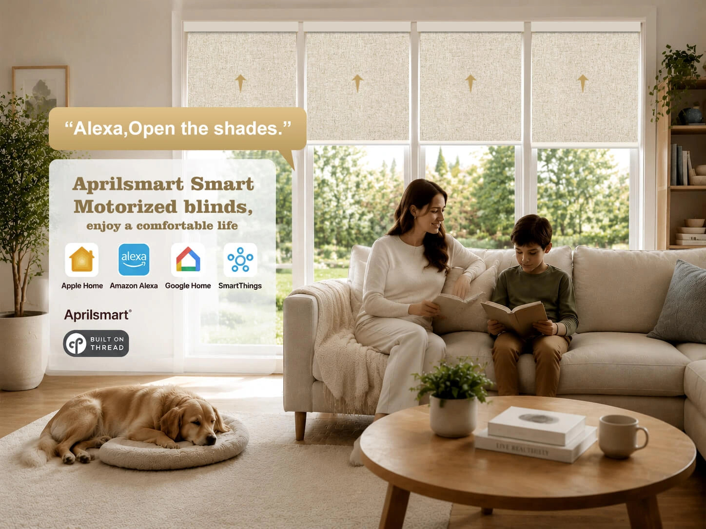 Mother and child reading on a beige sofa in a bright living room with AprilSmart motorized blinds, smart home control via Alexa, Google Home, Apple Home, and SmartThings, natural light, cozy interior, and a golden retriever resting on a dog bed.