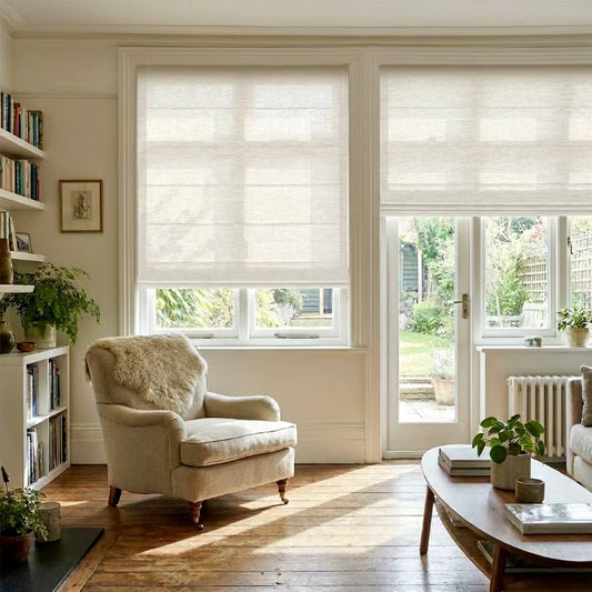 Aprilsmart Light Filtering 70% Blackout Motorized Roman Shades Essential