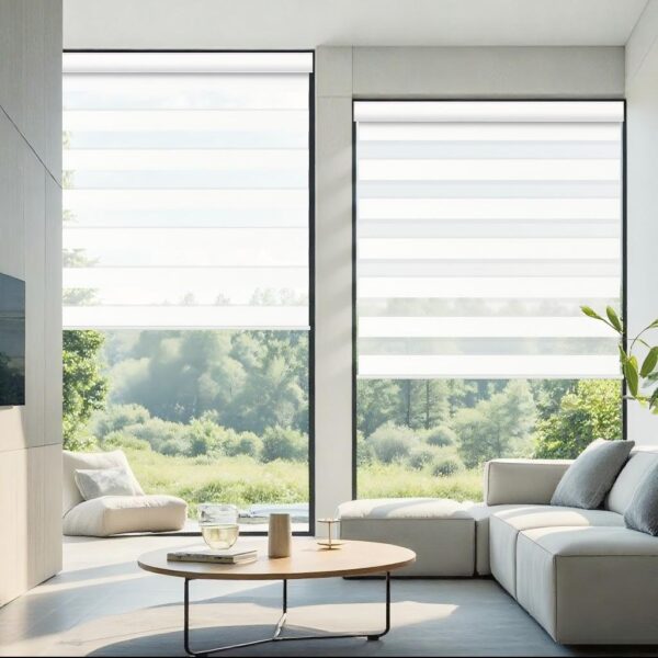 Motorized zebra roller shades in modern living room with white sectional sofa, round coffee table, and large windows overlooking green landscape