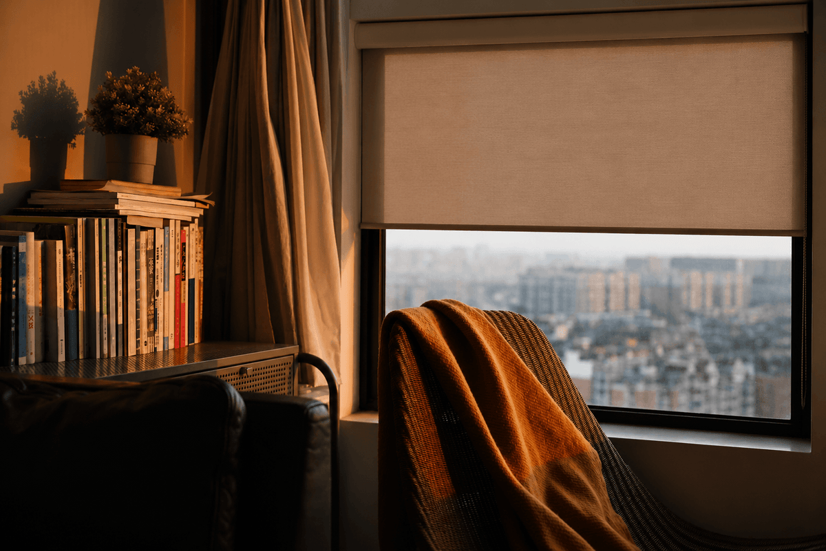 Blackout roller shades reducing glare in a media room