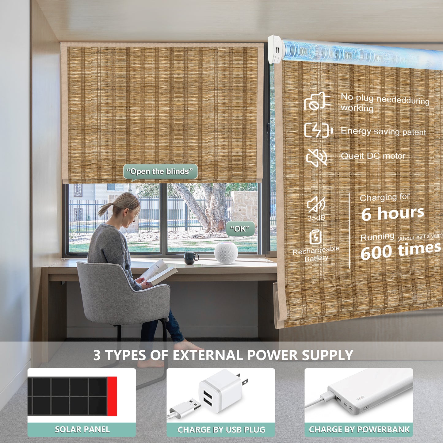 Aprilsmart Motorized Woven Wood Shades 100% Blackout Bareloom
